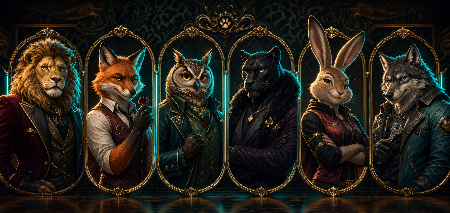 Lumovexigo animal casino mascots in ornate portrait frames